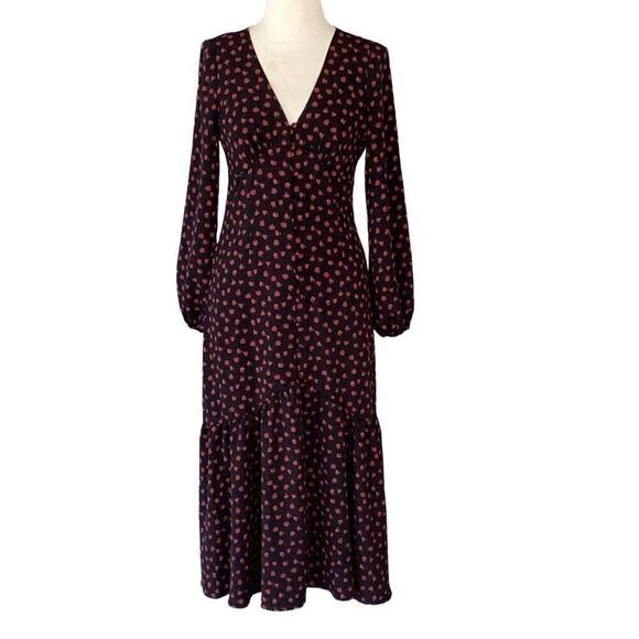 NWT TOPSHOP Ditzy Rose Button Front Midi Prairie Dress Women’s 8 Black Red - Picture 2 of 13